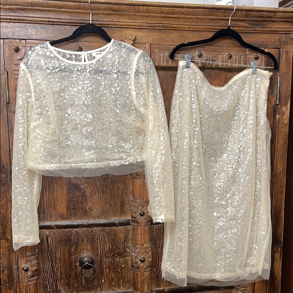 Jason Wu NWT Sequin Mesh Two-Piece Set | Long Sleeve Top & Midi Skirt | Size L